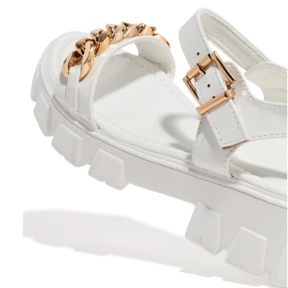 White Chunky Platform Gold Chain Band Sandals - Picture 3 of 7